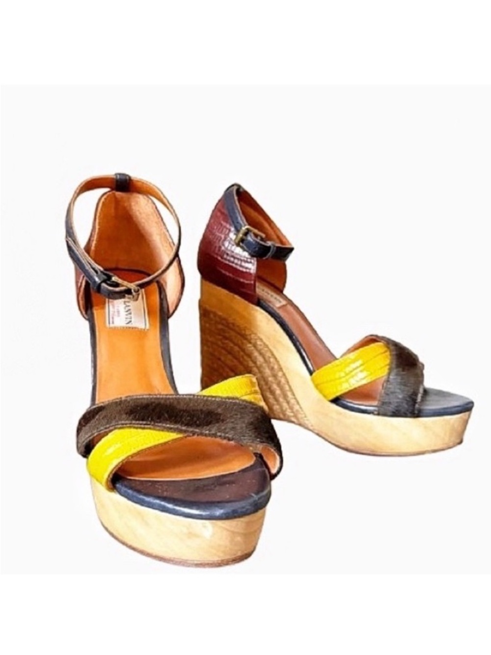 Lanvin Espadrille Leather Wedge Sandal Ankle Strap Paris 37 Multicolor Emboss - Picture 1 of 9
